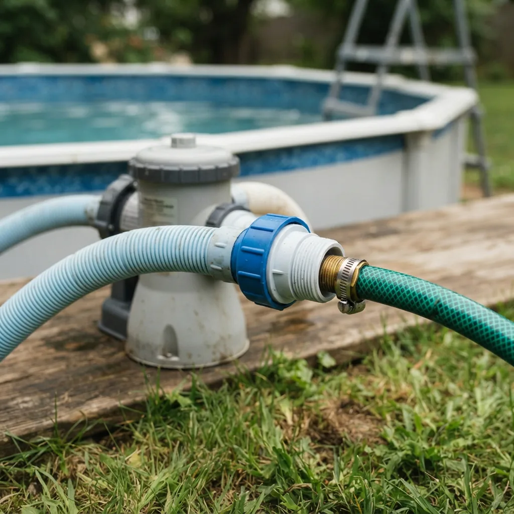 A Summer Waves vacuum adapter connected between a pool pump and a garden hose on the ground near an above-ground pool.