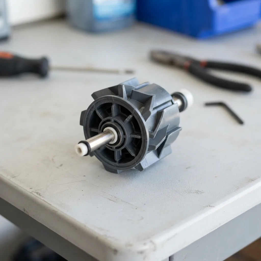 A Summer Waves x1500 rotor assembly displayed on a clean workbench with pool maintenance tools nearby.