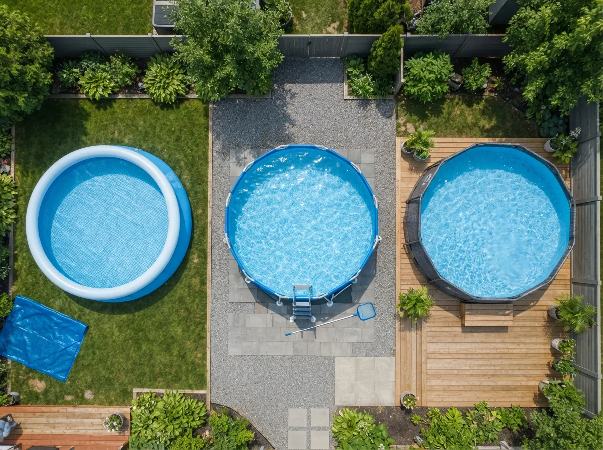 An overhead view showing different types of 14-foot above ground pools in various backyard settings.