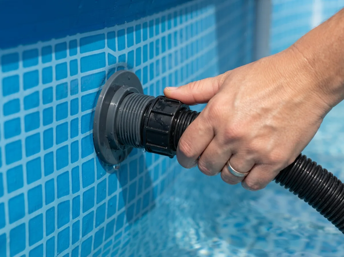 Close-up of the Summer Waves SkimmerPlus pump's 1.25-inch connection hose being attached to an above-ground pool wall fitting.