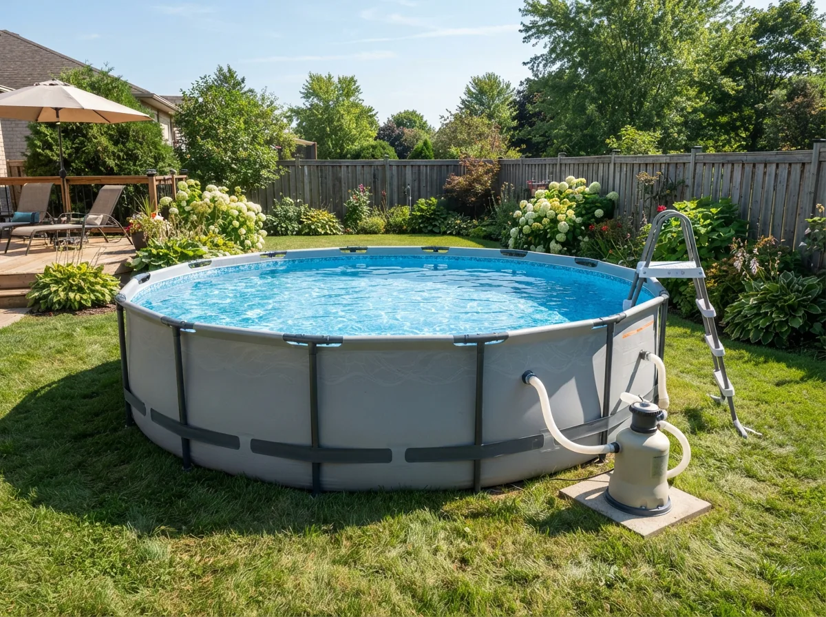Family gathering around an above-ground pool in a sunny backyard