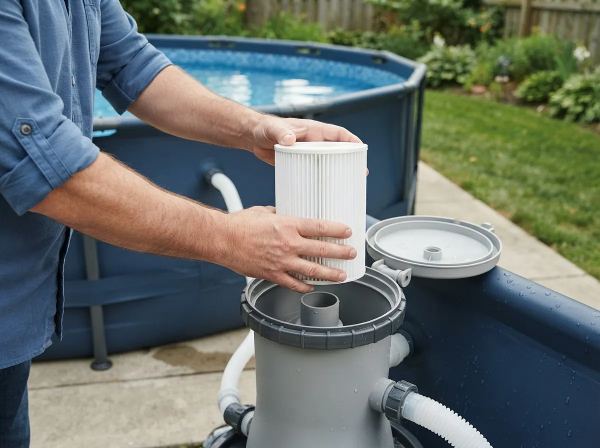 A person easily holding a new filter cartridge near the pump housing of an above-ground pool.