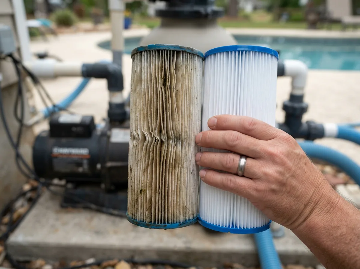 A person holding an old, dirty filter cartridge next to a clean new one for comparison.