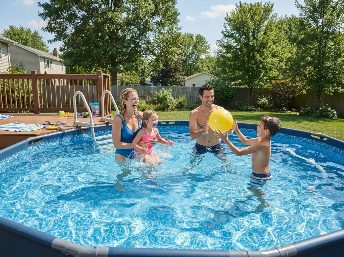 Family enjoying a clear, clean above-ground pool on a sunny day