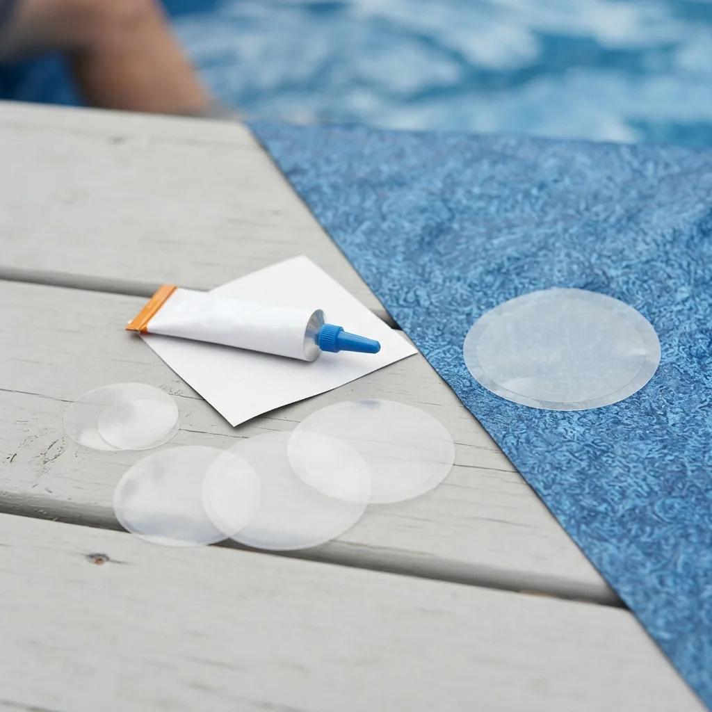 A Summer Waves pool repair kit with patches and adhesive, next to a small pool liner patch.