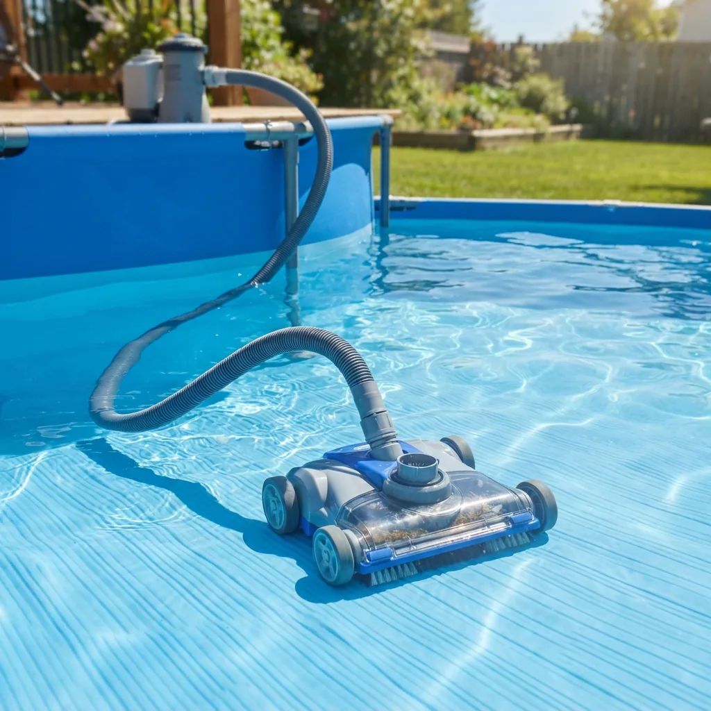 Summer Waves Pool Vacuum cleaner with hose attached to pool pump.