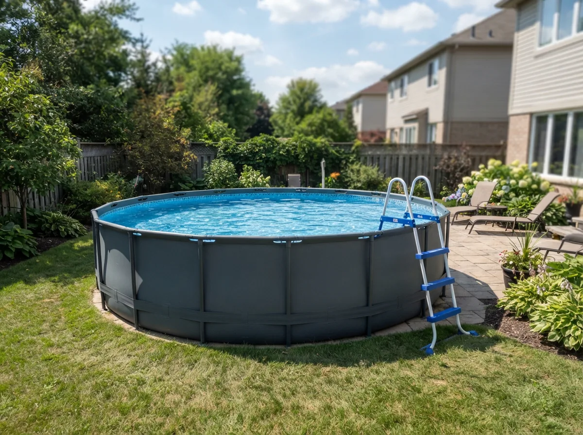 An overview of the Summer Waves Elite 15-ft round metal frame pool set up in a backyard, showcasing its complete structure.