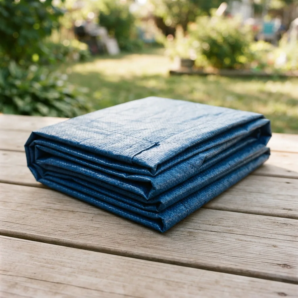 A blue Summer Waves pool liner folded neatly, ready for installation.