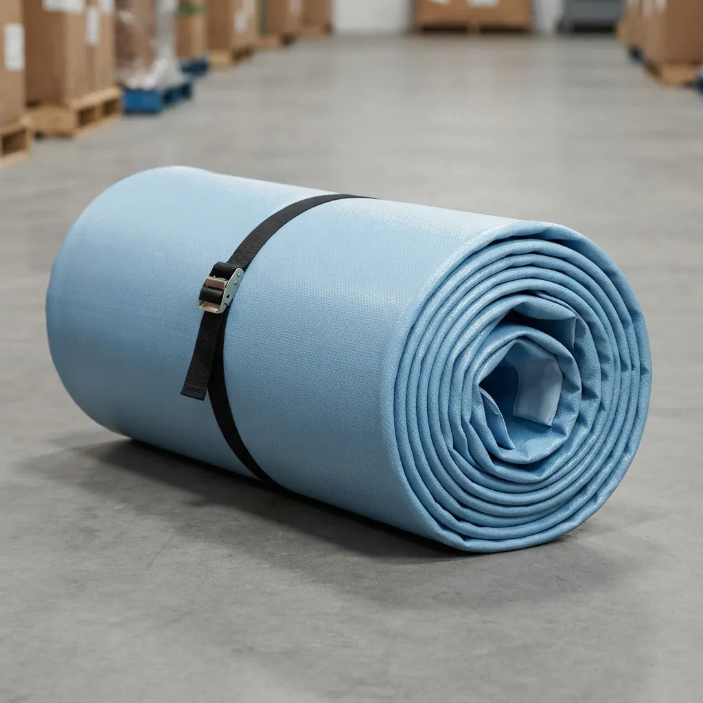 A rolled-up pool liner secured with a strap, showing its bulk and durable material