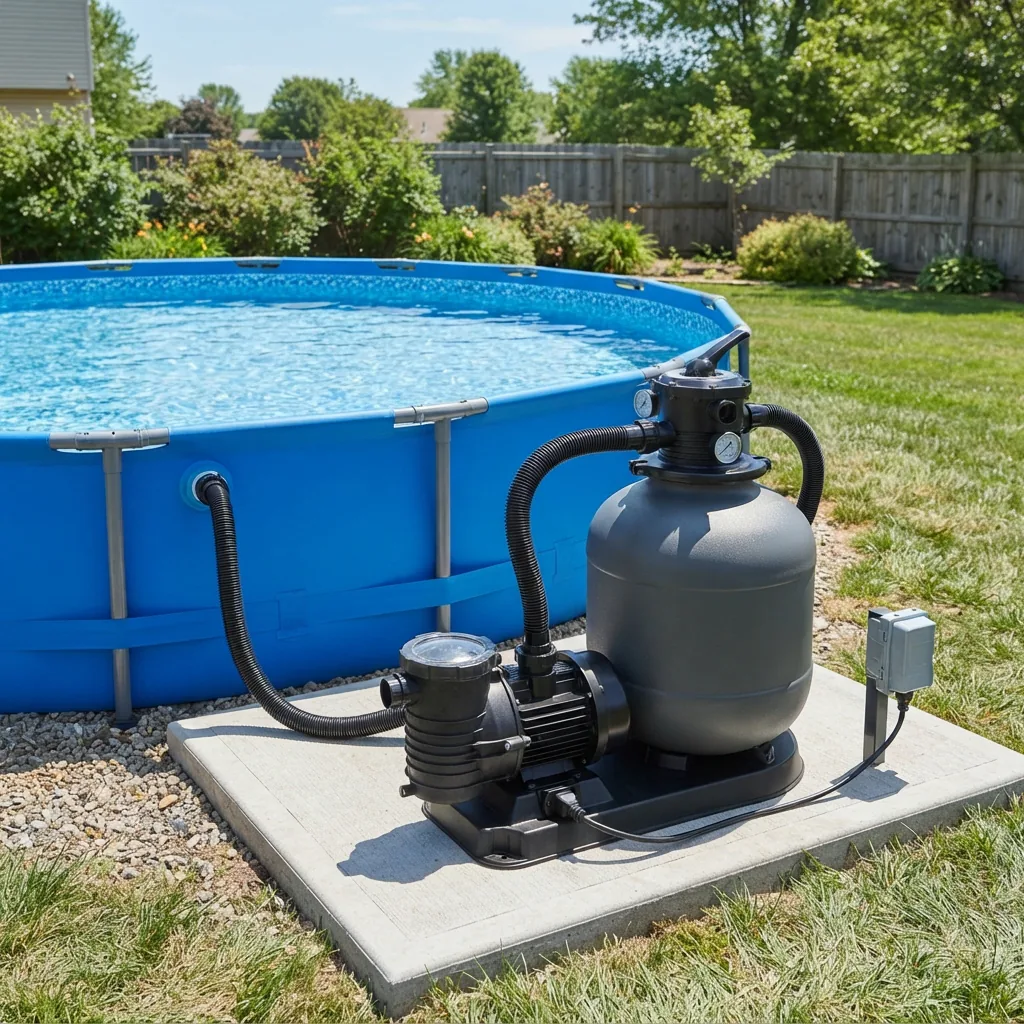 A 14-inch sand filter pump system beside an above-ground pool