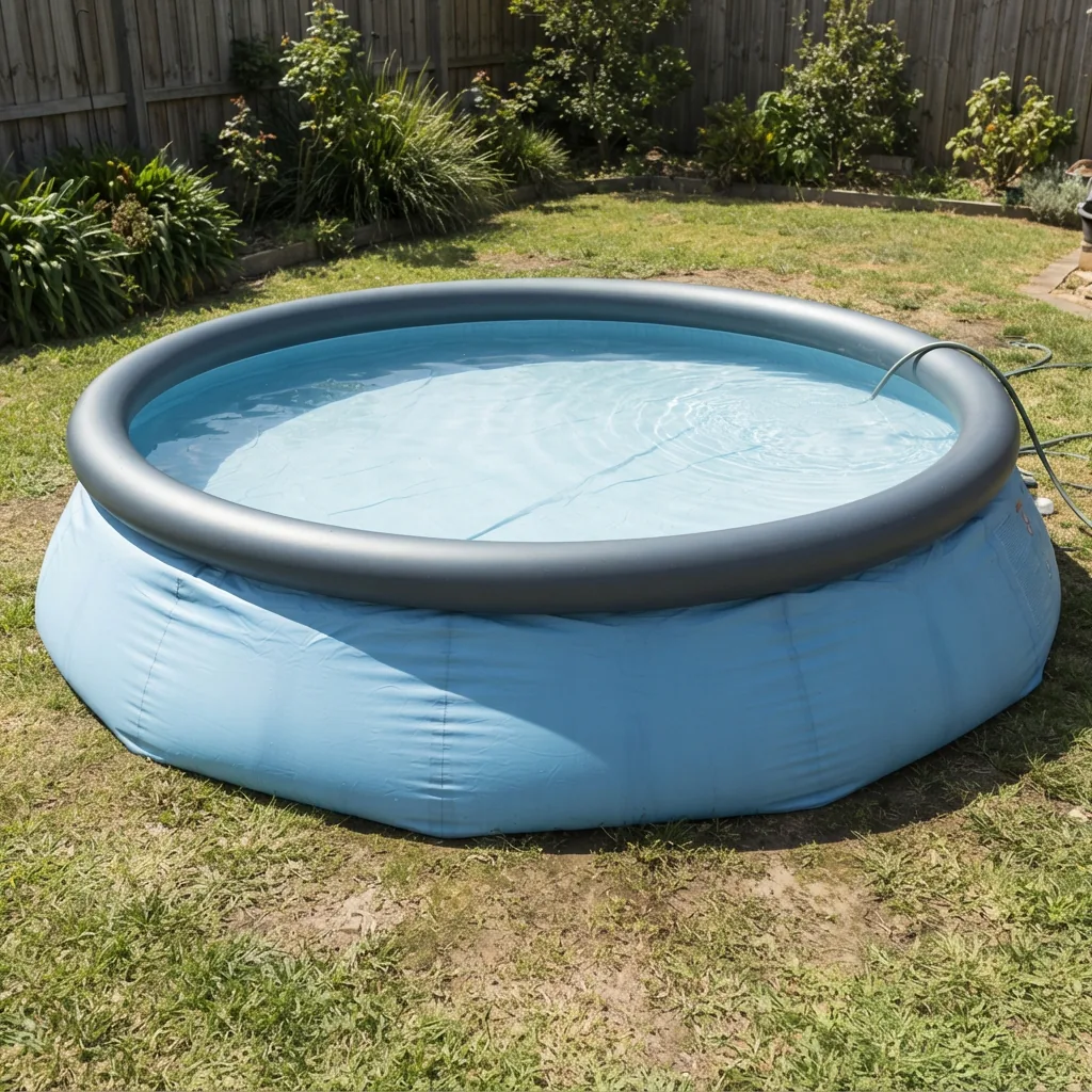 A Summer Waves Quick Set pool frame with a new liner installed, showing the pool partially filled with water.