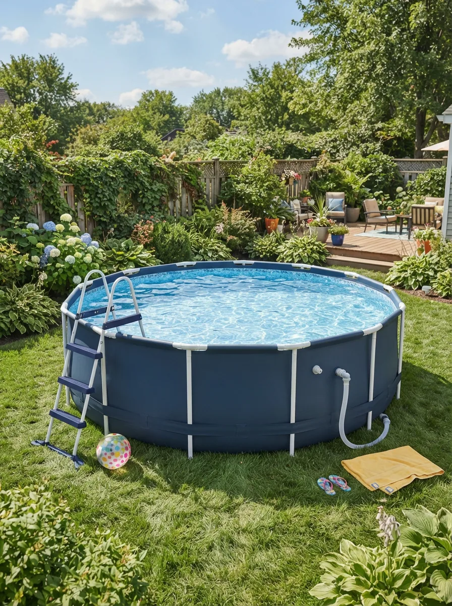 A clean, sparkling Summer Waves above-ground pool in a backyard setting with family enjoying the water.
