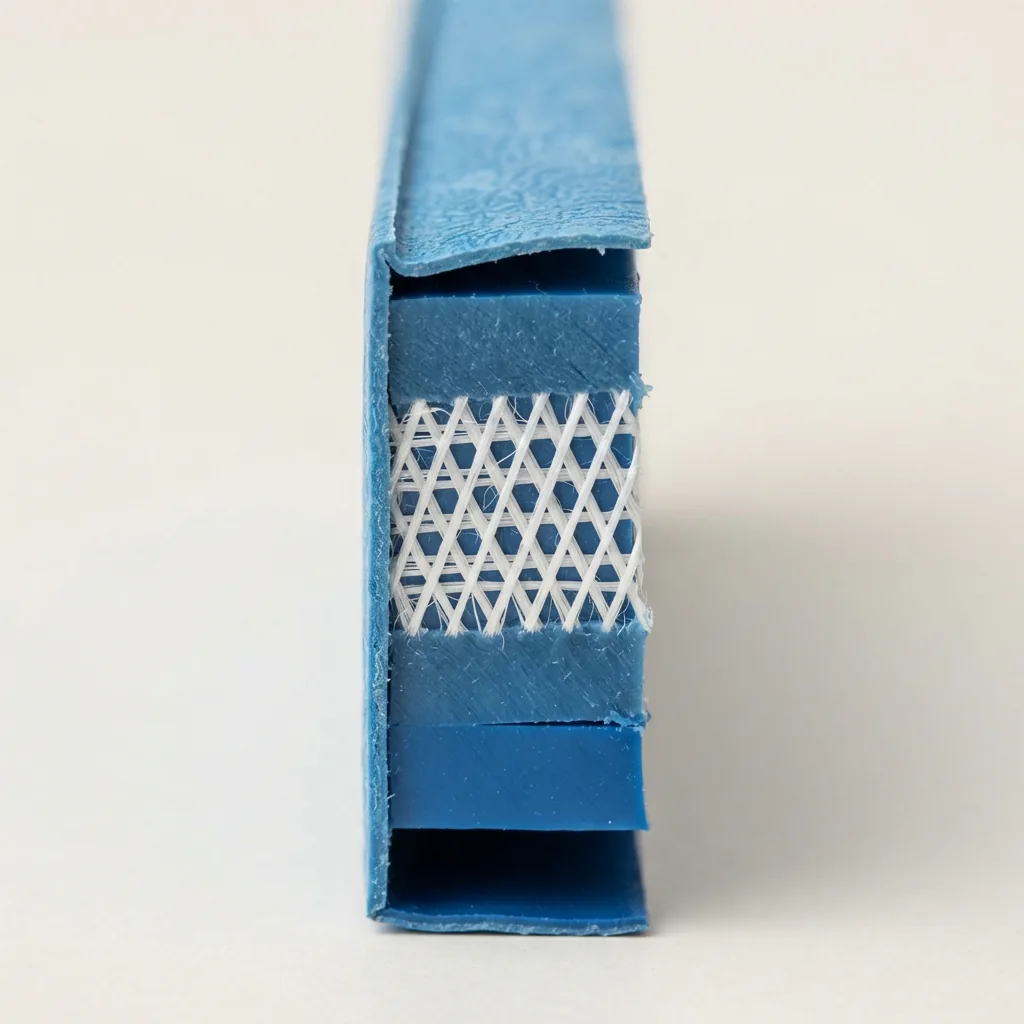 A cross-section view of a heavy-duty pool liner, emphasizing its thick, multi-layer material.