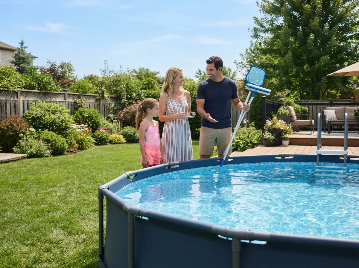 Family by an above-ground pool discussing pool cleaning options.