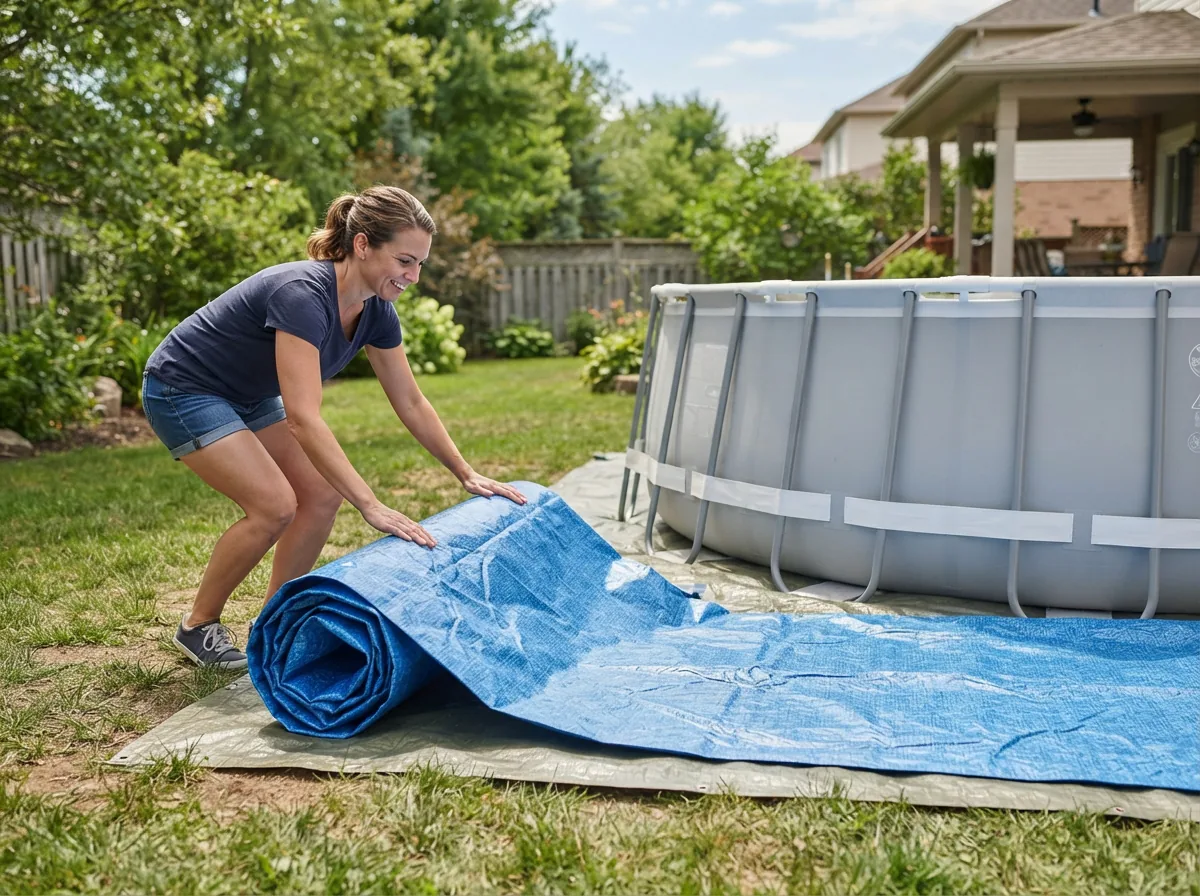 A person smoothly unrolling a new pool liner on the ground next to an empty above-ground pool frame.