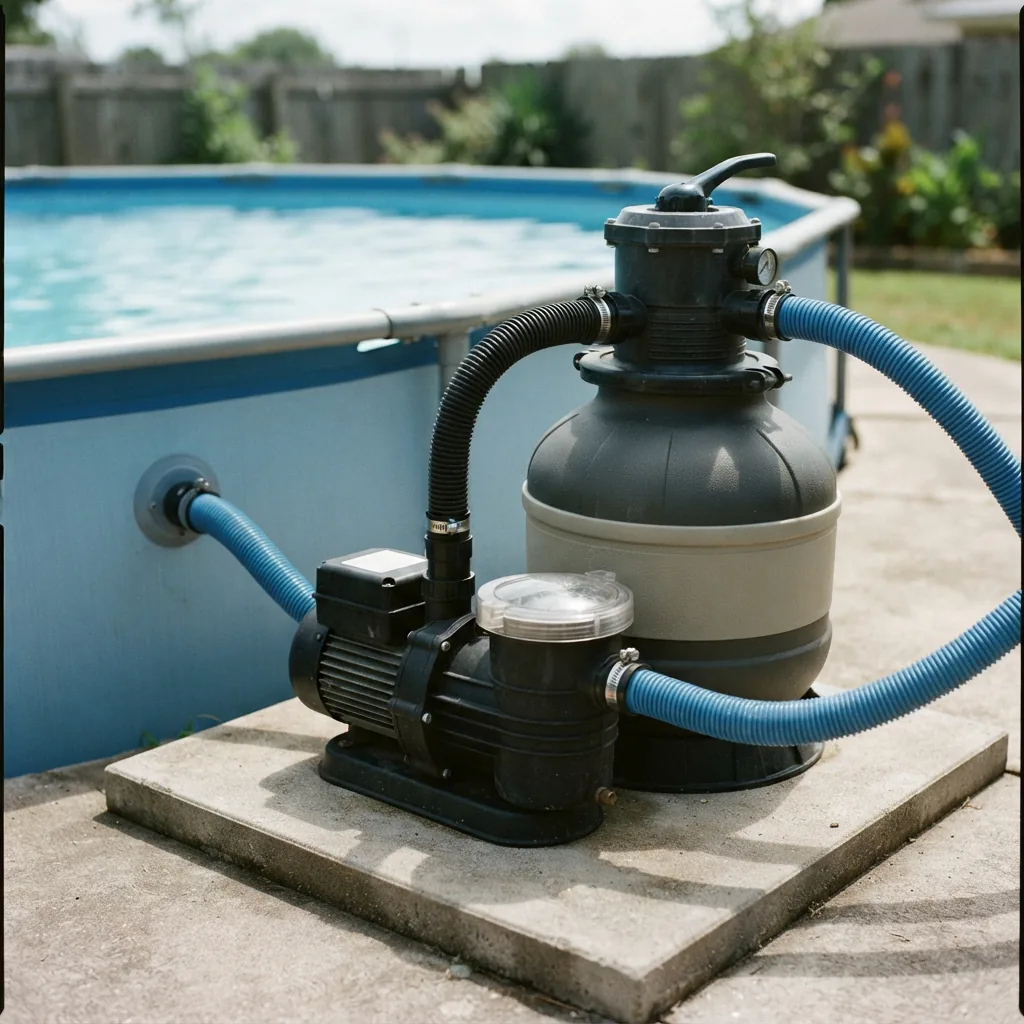 Summer Waves Sand Filter Pump unit next to an above-ground pool