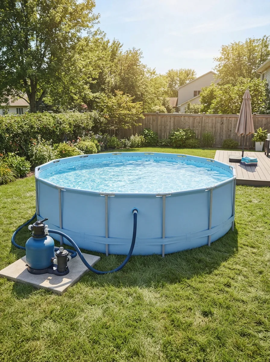 A clear, clean above-ground Summer Waves pool in a sunny backyard, representing the category of pool pumps and filtration.
