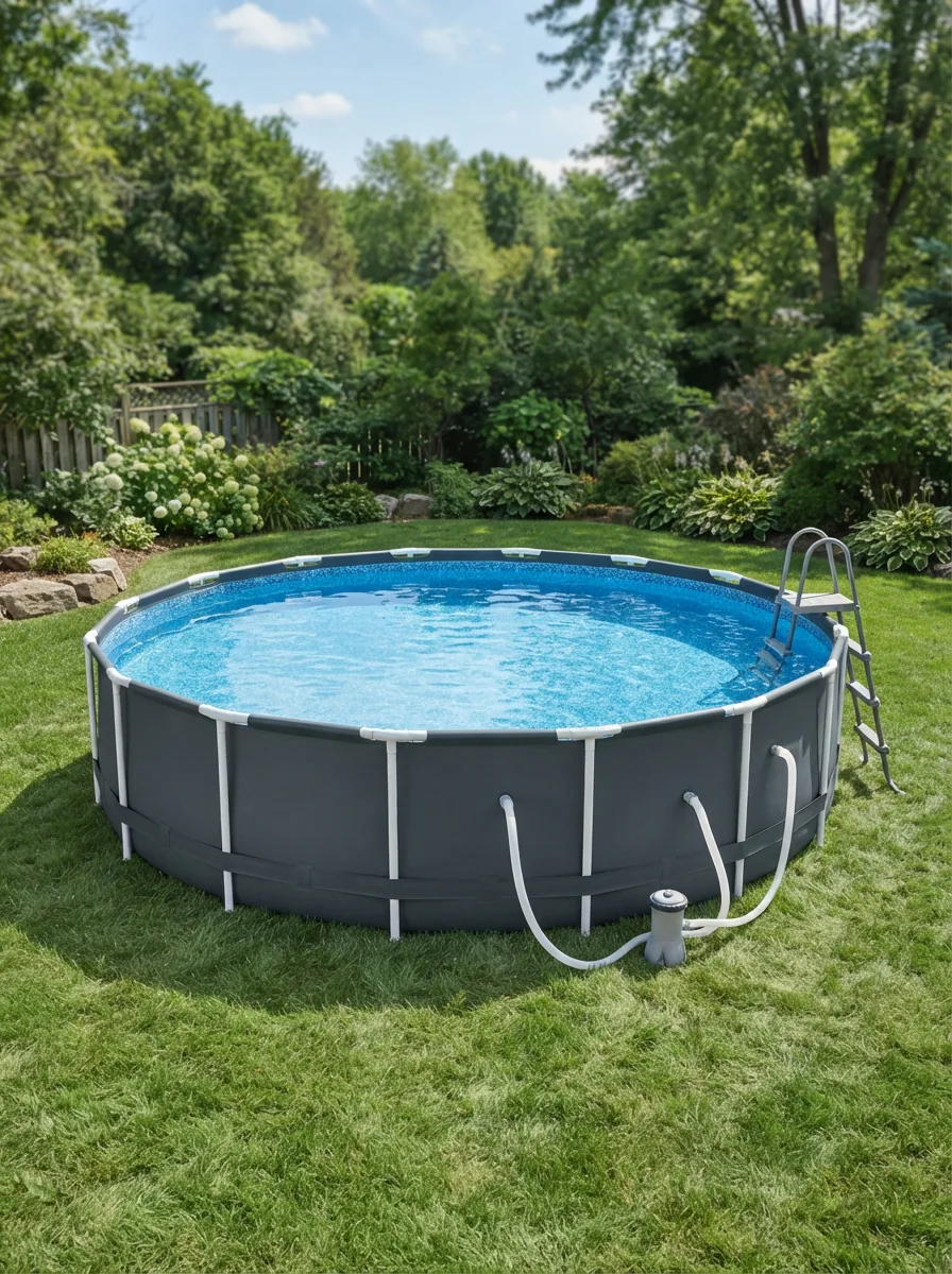 The Summer Waves Elite 15-ft round metal frame swimming pool filled with water and set up in a sunny backyard.