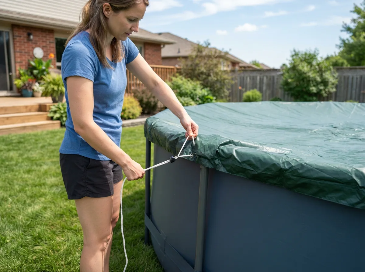 A person easily securing a pool cover on an above-ground pool in a backyard.