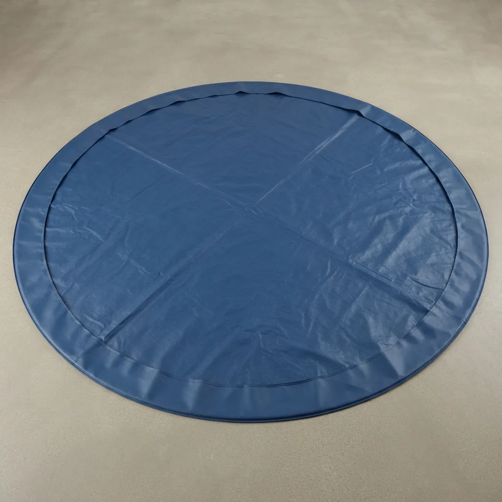 A 15-foot round above-ground pool liner laid out flat, showing its circular shape and material