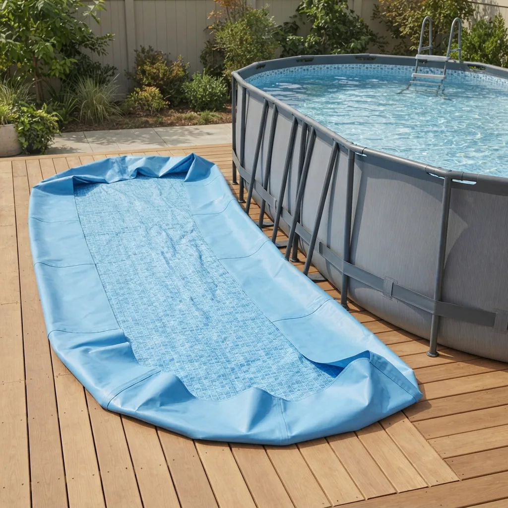 An oval-shaped pool liner displayed next to a section of an oval above-ground pool frame