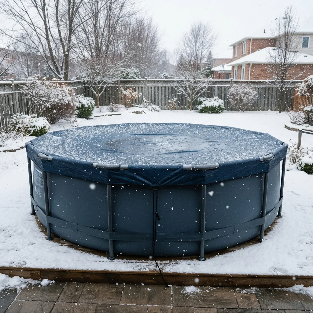 The Summer Waves Winter Pool Cover secured on an above-ground pool in winter.