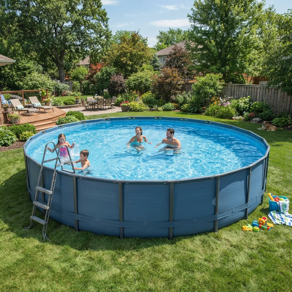 Large 20 ft Royal Wave steel frame pool in a family backyard