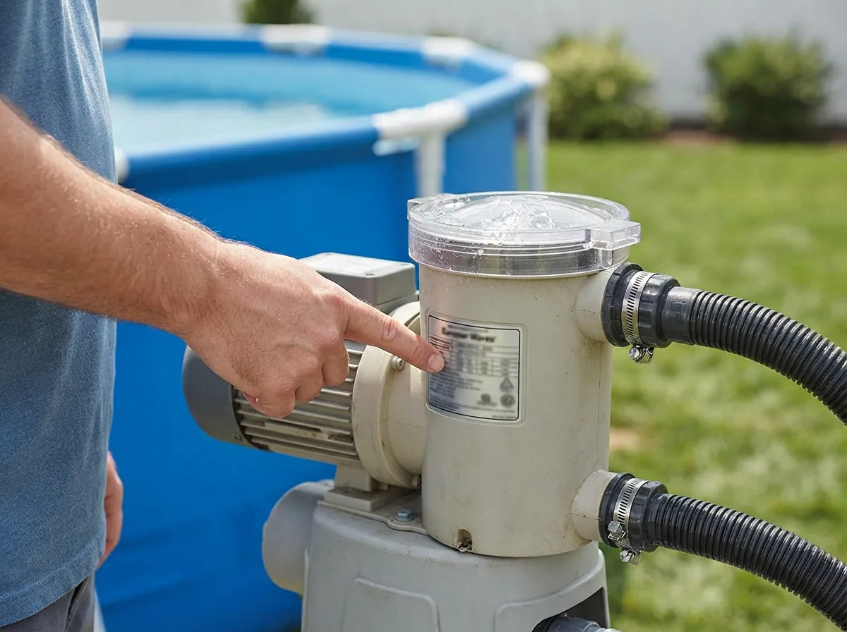 A person checking the model number on the side of a Summer Waves pool pump with a clean pool in the background.