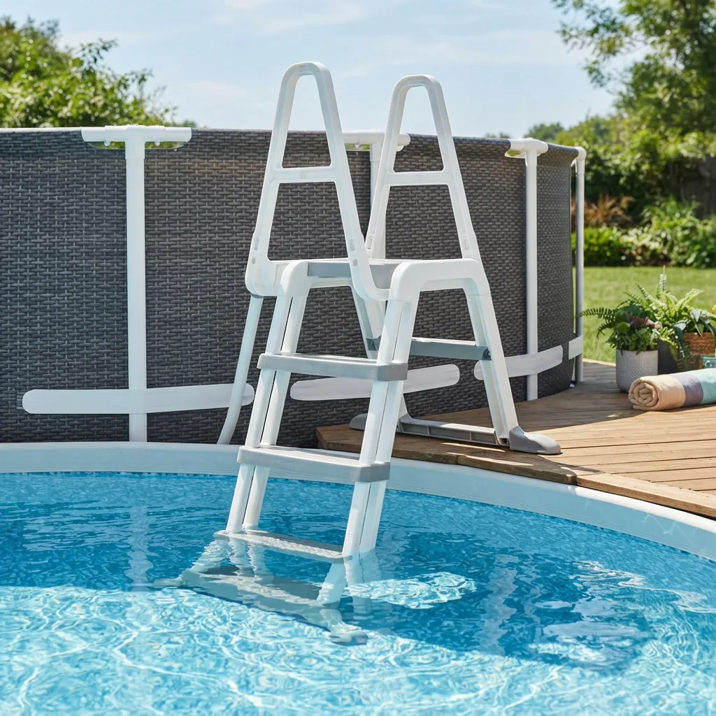 A Summer Waves Pool Ladder Replacement positioned next to a pool.