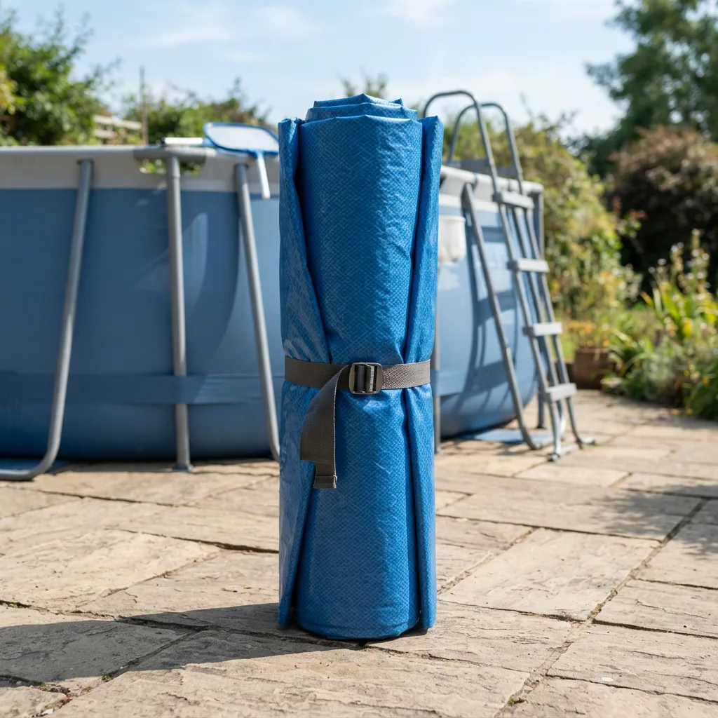 A rolled-up 15-foot Summer Waves pool liner, showing its compact size before installation.