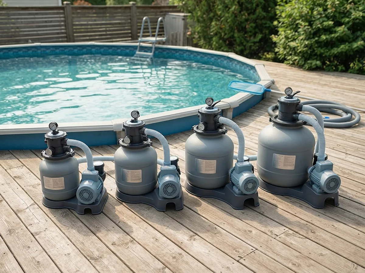 A collection of different-sized sand filter pumps displayed near a pool