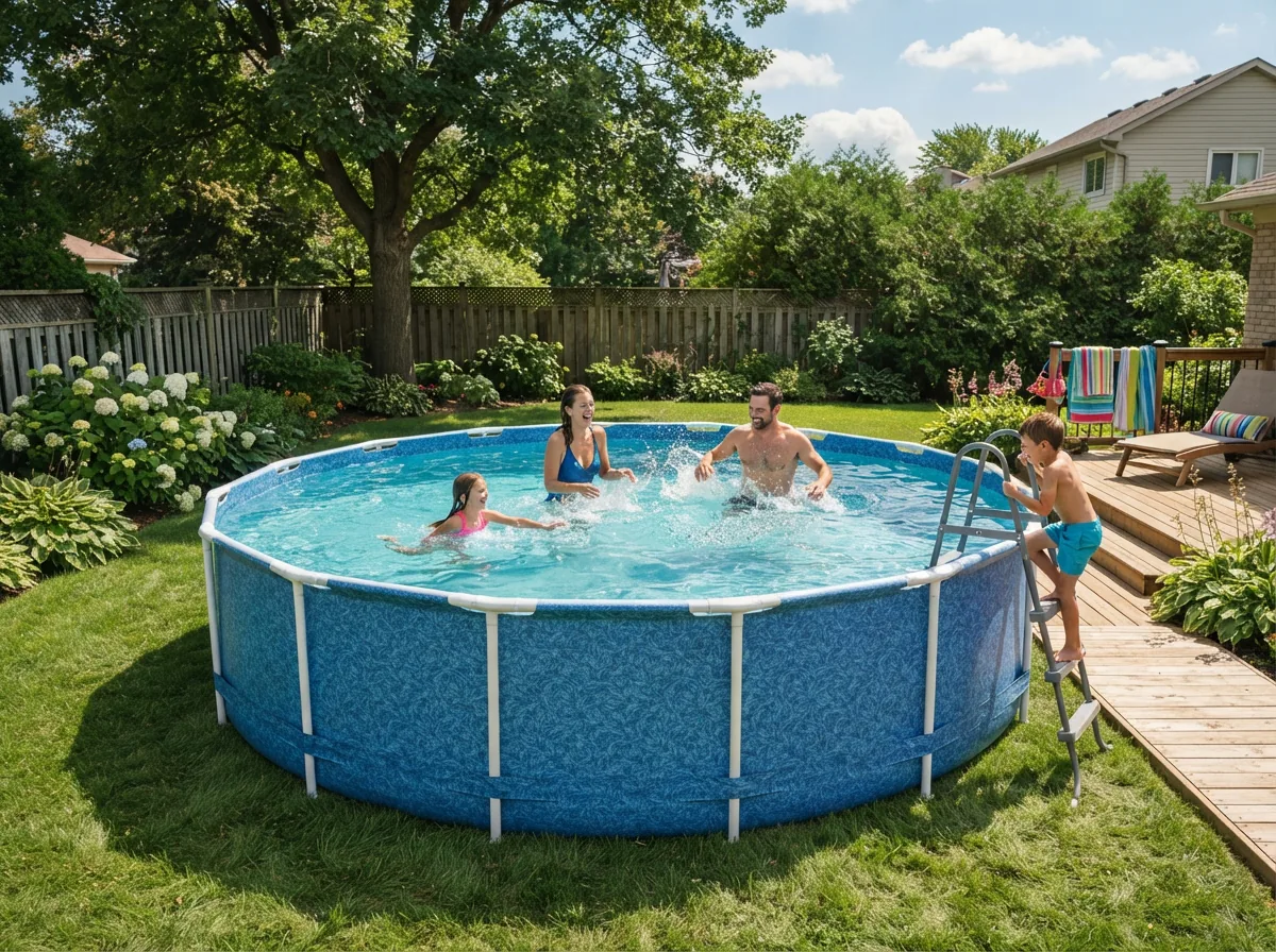 A family happily enjoying a clean, clear above-ground pool in their backyard.