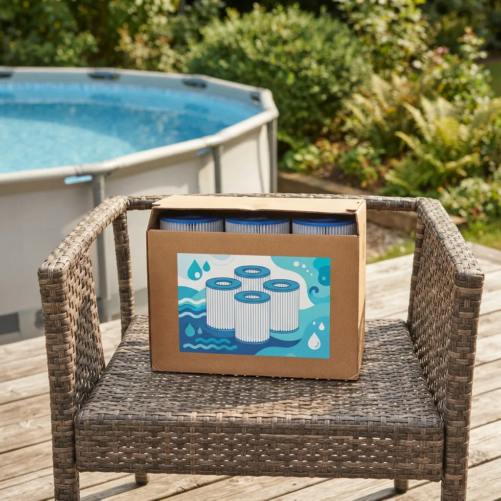 A 6-pack box of Summer Waves D filters sitting on a deck chair next to an above-ground pool.