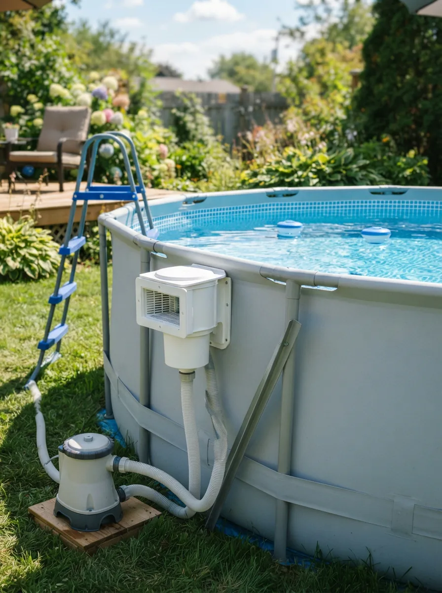 A clean, clear above-ground swimming pool with a skimmer system visible on the pool wall