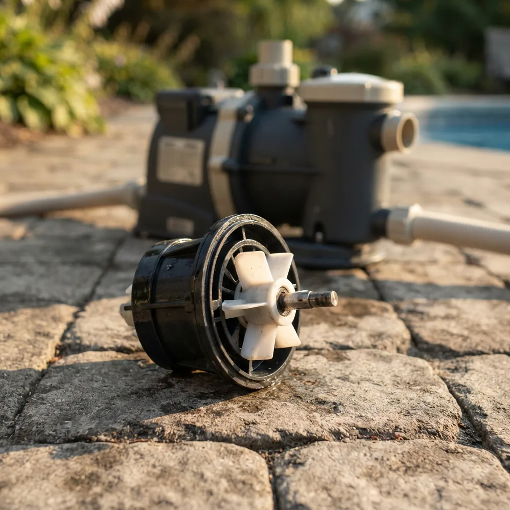 A Summer Waves x1000 rotor assembly next to an SFX1000 pool pump on a patio.