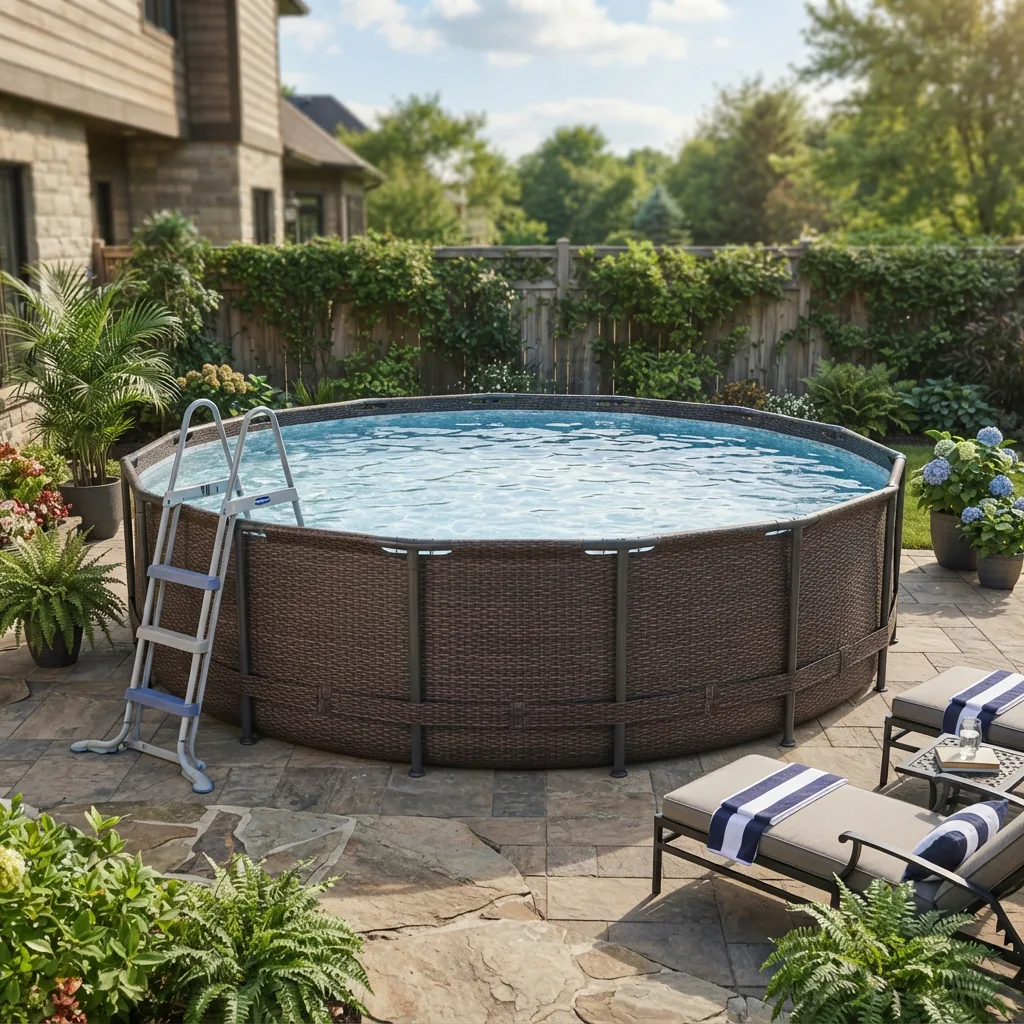 The Summer Waves 14-Ft. Dark Double Rattan Active Frame Pool in an outdoor setting.