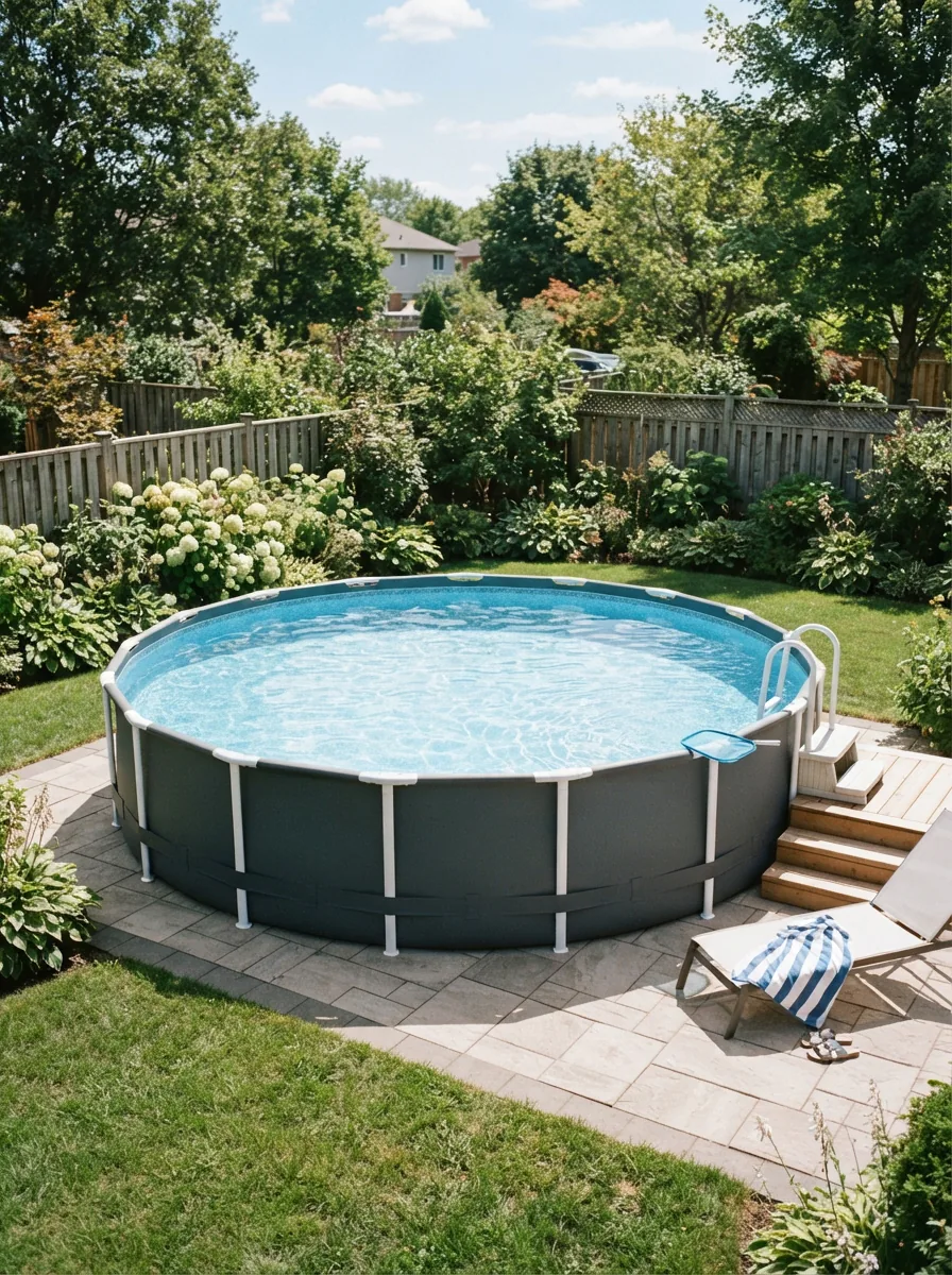A pristine 14-foot round above-ground pool with a fresh, clear blue liner, set in a sunny backyard patio area.