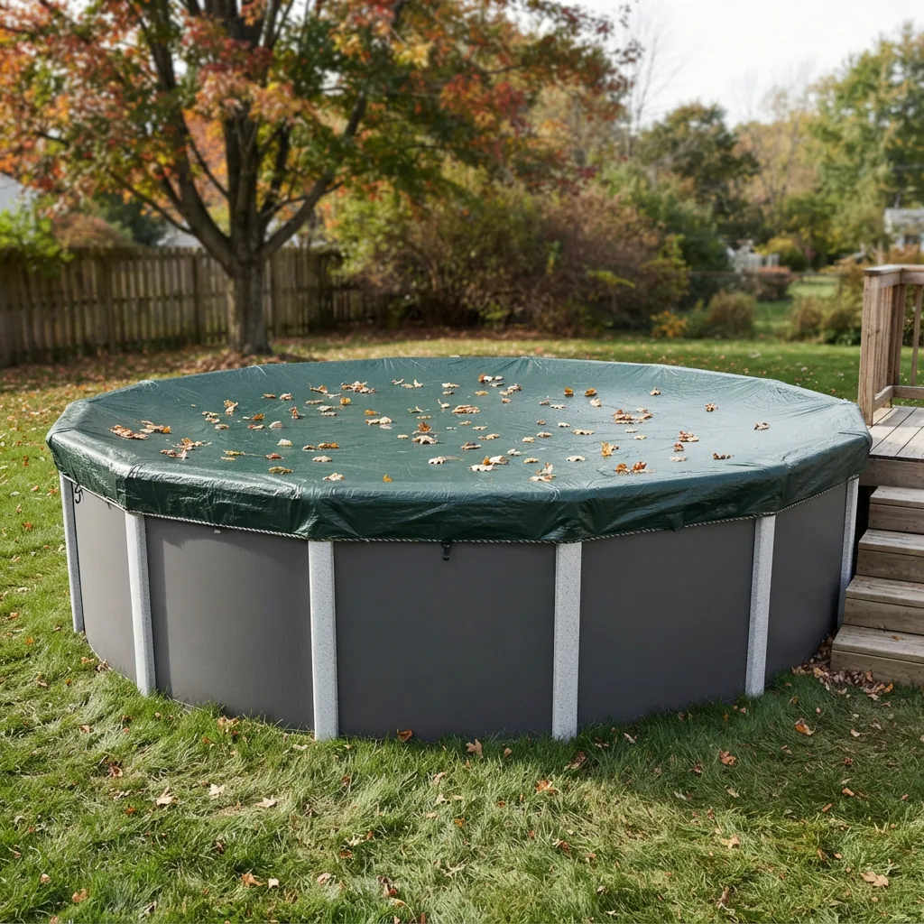 A Summer Waves pool cover protecting a pool from leaves.