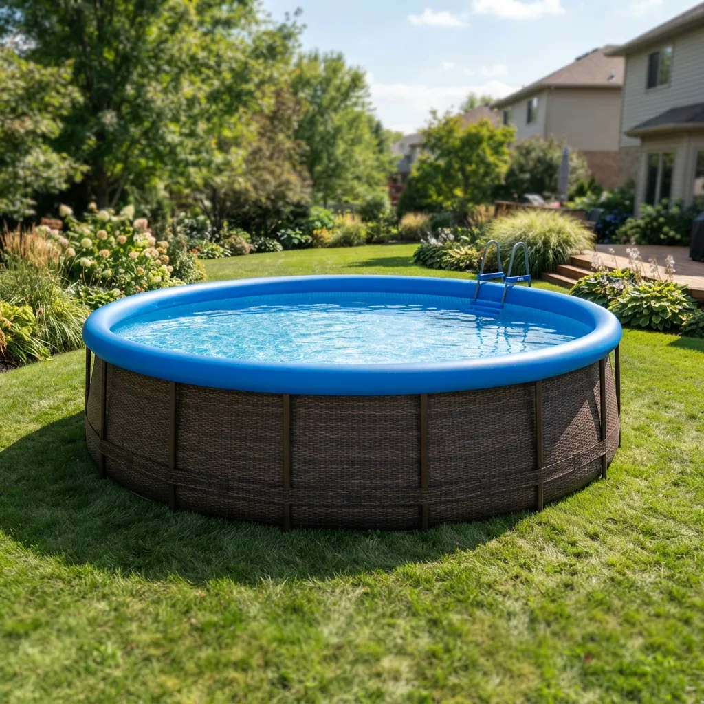 Round 18 ft Quick Set pool with a dark rattan pattern in a backyard