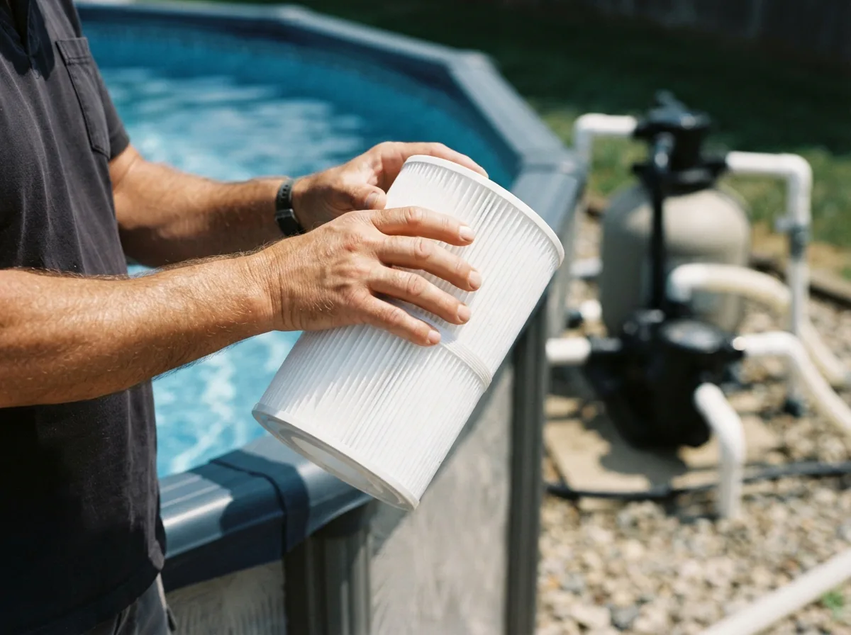 A person inspecting a clean pool filter cartridge next to a pool skimmer.