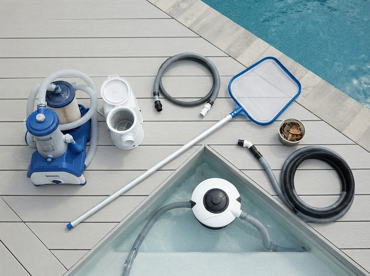 A variety of pool skimmers and maintenance tools laid out for comparison