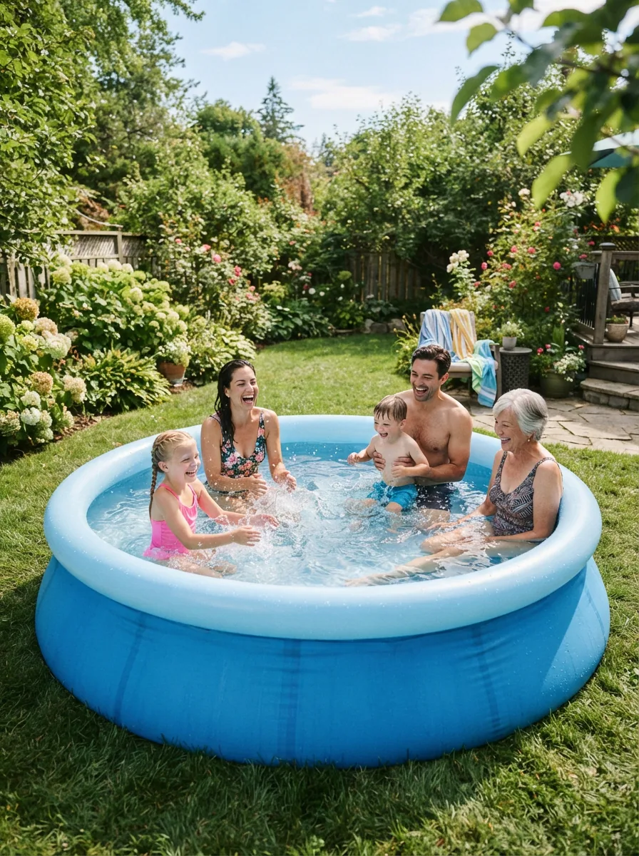 A family enjoying a sunny day in a Summer Waves Quick Set inflatable pool in a green backyard.