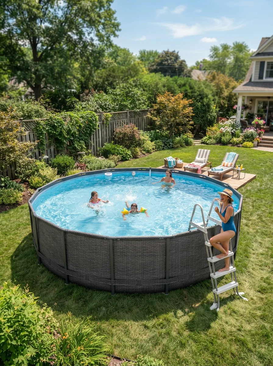 A spacious above-ground pool set up in a backyard on a sunny day