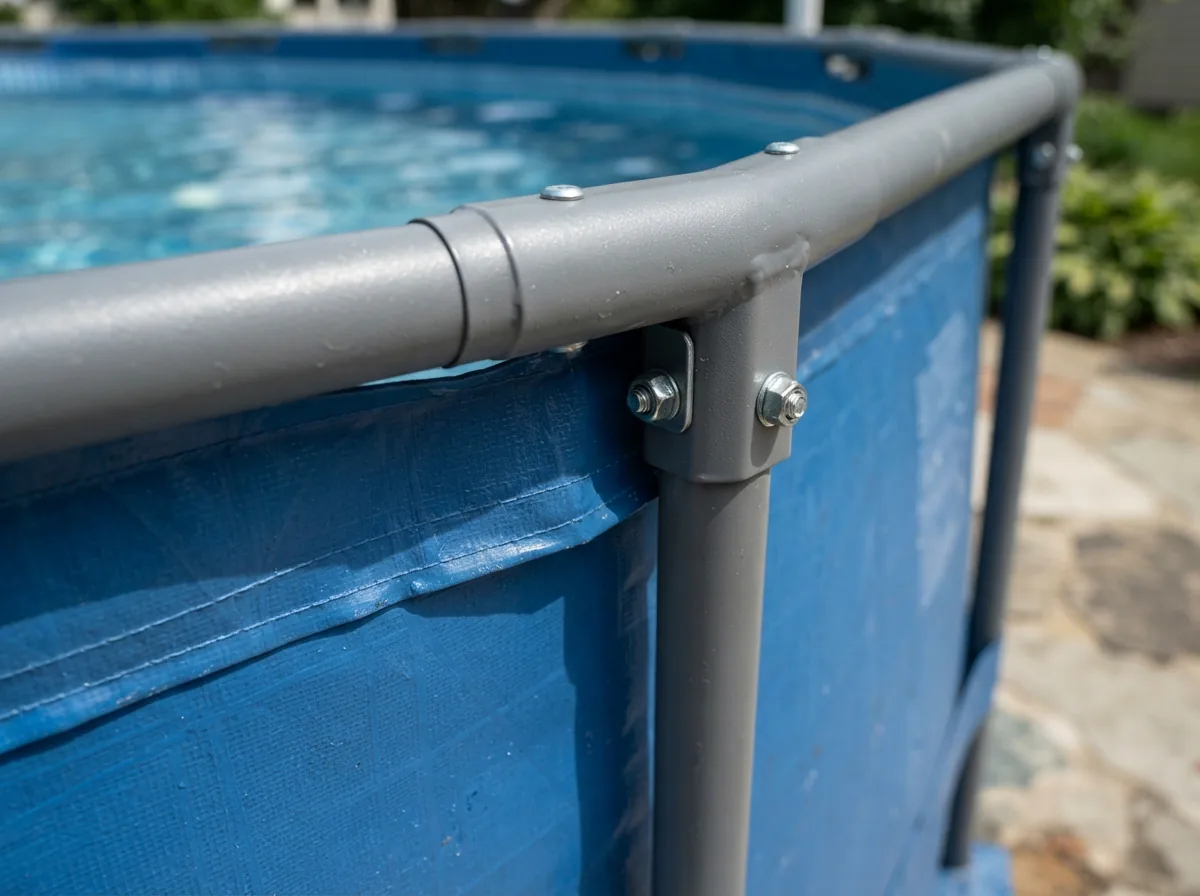 Close-up view of the sturdy metal frame and durable PVC liner of the Summer Waves Elite swimming pool.