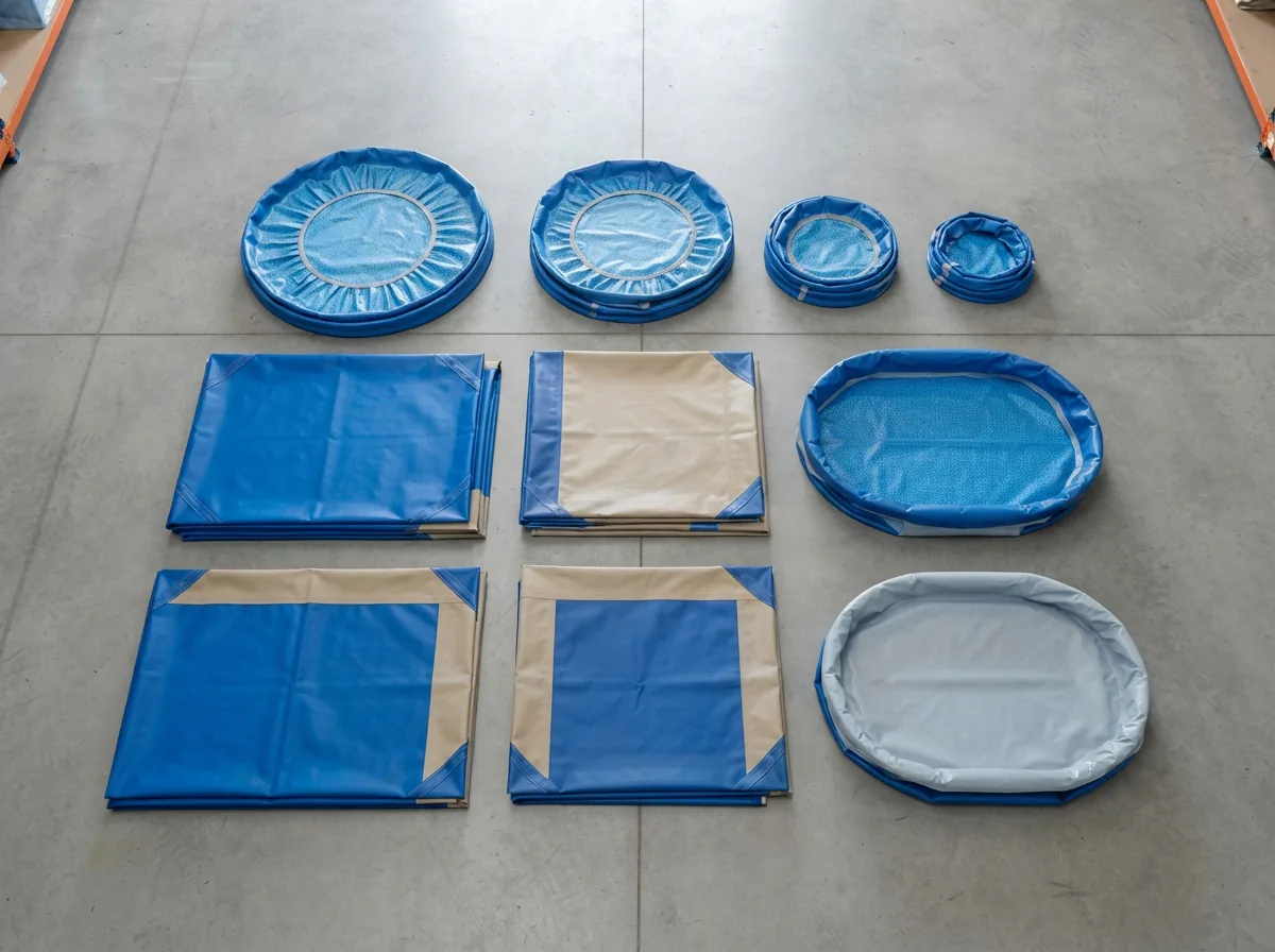 An assortment of different shaped and sized blue pool liners laid out to show variety.