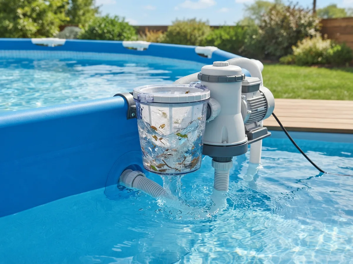 Summer Waves SkimmerPlus pump system actively filtering clear pool water, with visible debris in the skimmer basket.