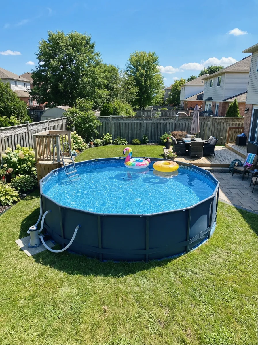 A sparkling blue above-ground pool in a sunny backyard setting with lounge chairs nearby