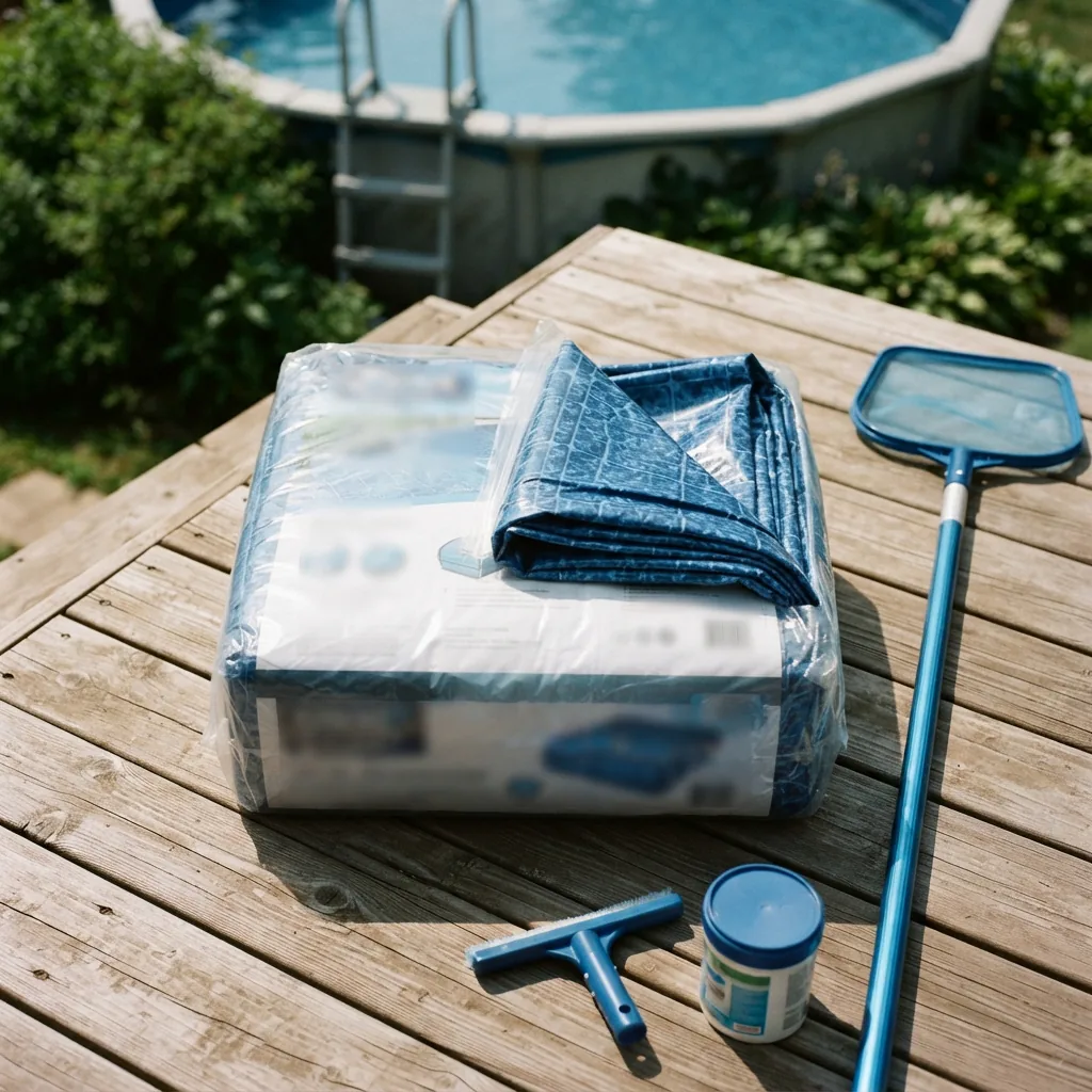 A folded Summer Waves 14-foot pool liner replacement package on a wooden deck next to pool tools.