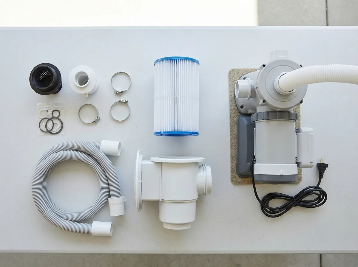 A collection of Summer Waves pool replacement parts including filters, pumps, and skimmers laid out on a clean surface.