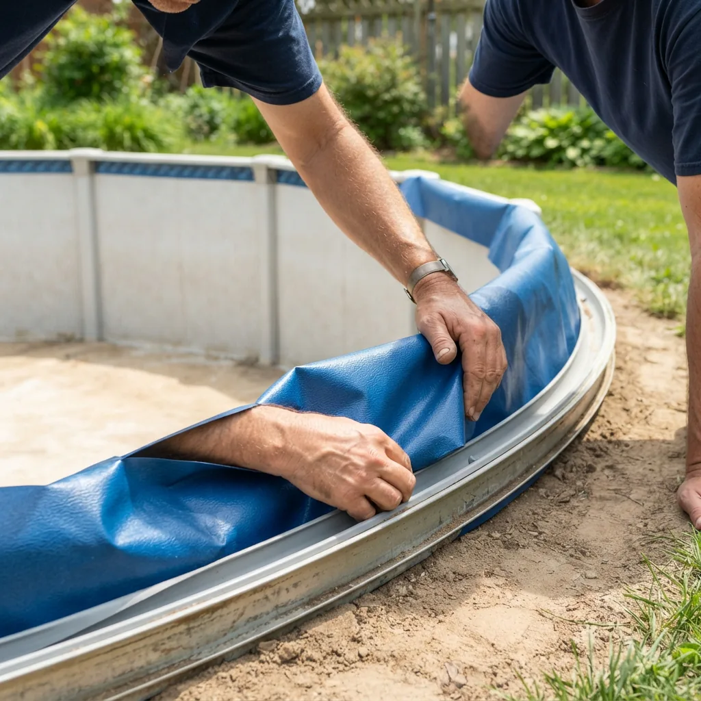 The edge of a new pool liner being carefully positioned along the bottom rail of an empty above-ground pool frame.